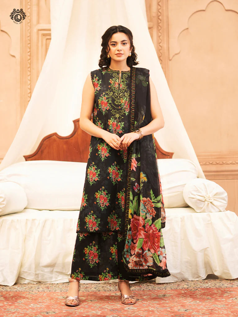RUHAY SUKHAN 3 PC UN-STITCHED (SHIRT TROUSER & DUPPATA) Article 09 (Black Floral)
