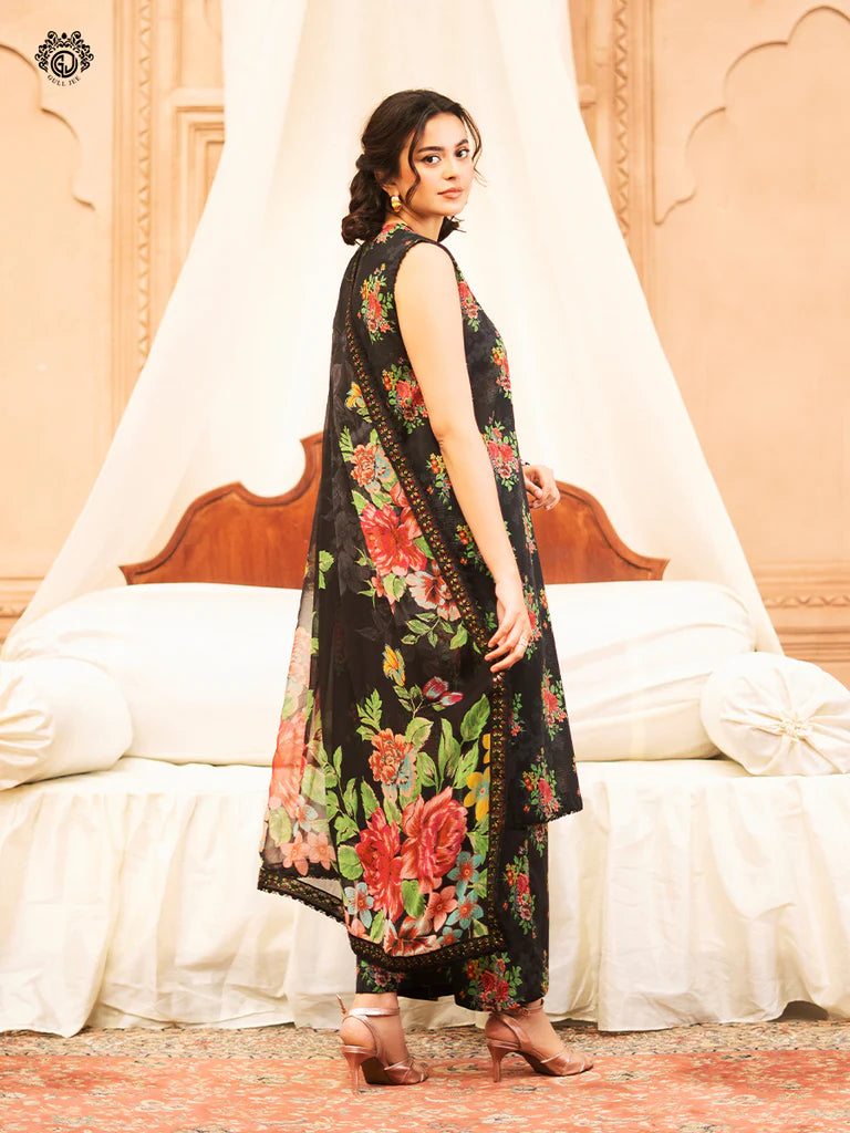 RUHAY SUKHAN 3 PC UN-STITCHED (SHIRT TROUSER & DUPPATA) Article 09 (Black Floral)