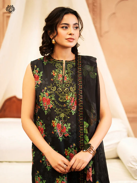 RUHAY SUKHAN 3 PC UN-STITCHED (SHIRT TROUSER & DUPPATA) Article 09 (Black Floral)