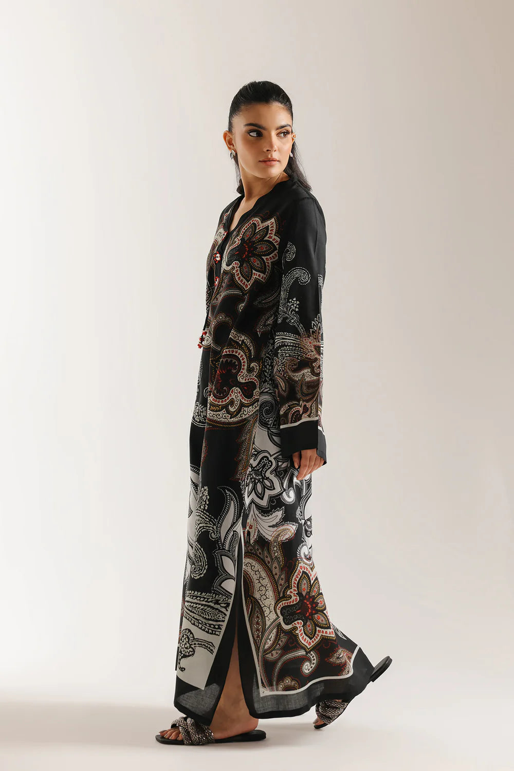 ETHNC-BLACK -DRESS - A LINE FIT -V NECK - FLARED SLEEVES - LONG LENGTH