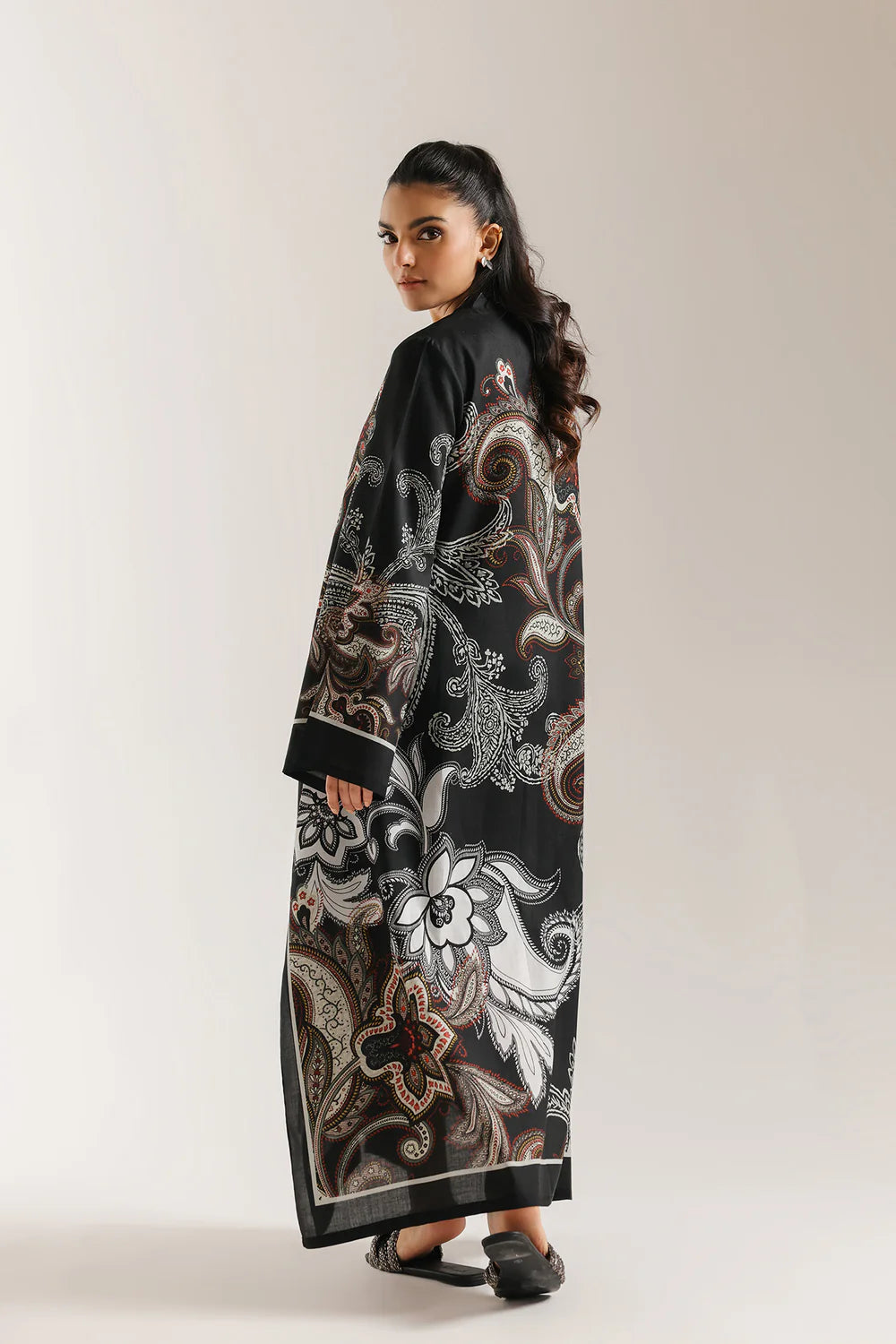 ETHNC-BLACK -DRESS - A LINE FIT -V NECK - FLARED SLEEVES - LONG LENGTH