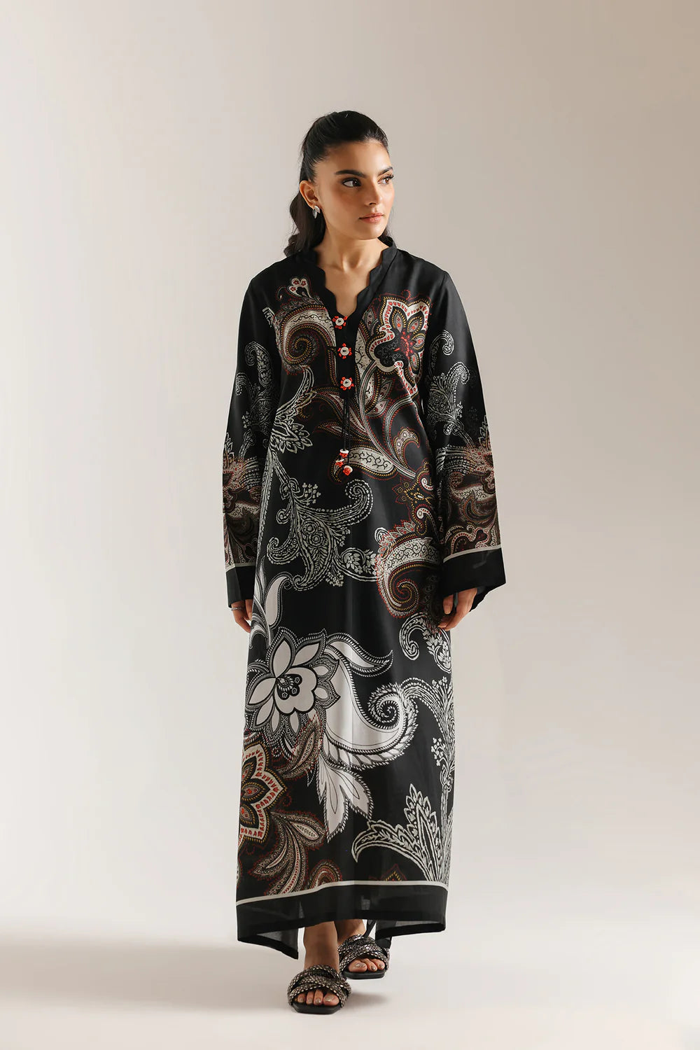 ETHNC-BLACK -DRESS - A LINE FIT -V NECK - FLARED SLEEVES - LONG LENGTH
