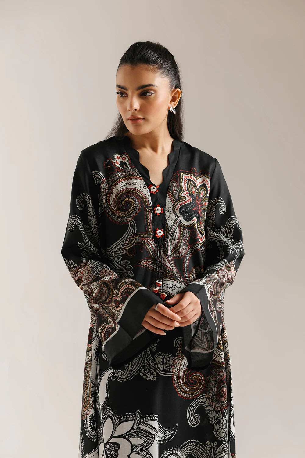 ETHNC-BLACK -DRESS - A LINE FIT -V NECK - FLARED SLEEVES - LONG LENGTH