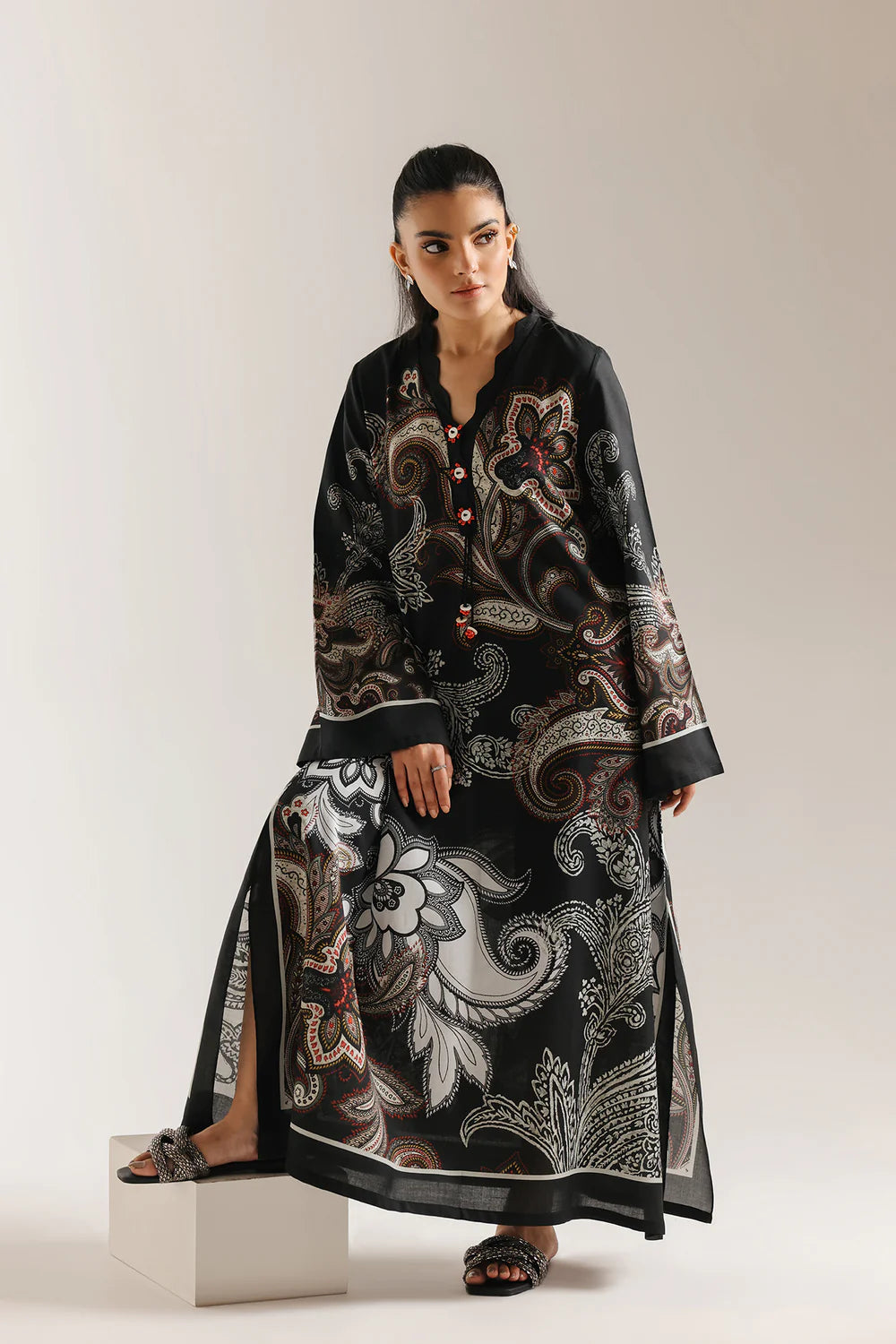 ETHNC-BLACK -DRESS - A LINE FIT -V NECK - FLARED SLEEVES - LONG LENGTH