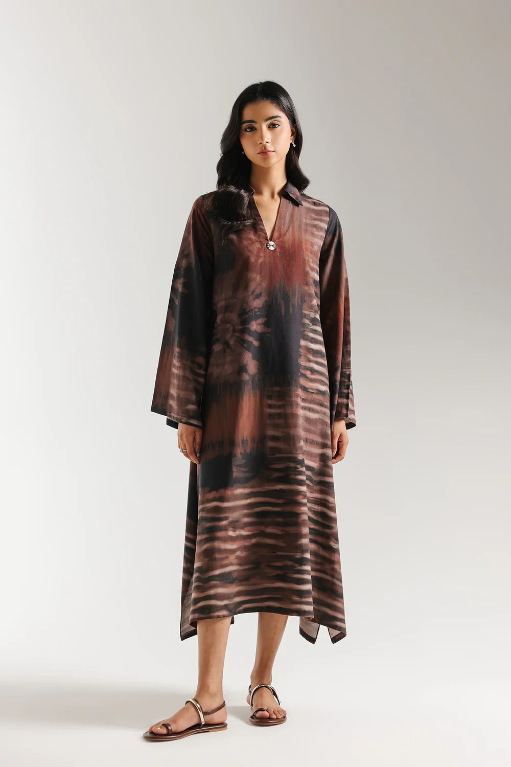 ETHNC-DARK GREY |SHIRT - A-LINE FIT - V-NECK WITH COLLAR - LONG SLEEVES - LONG LENGTH