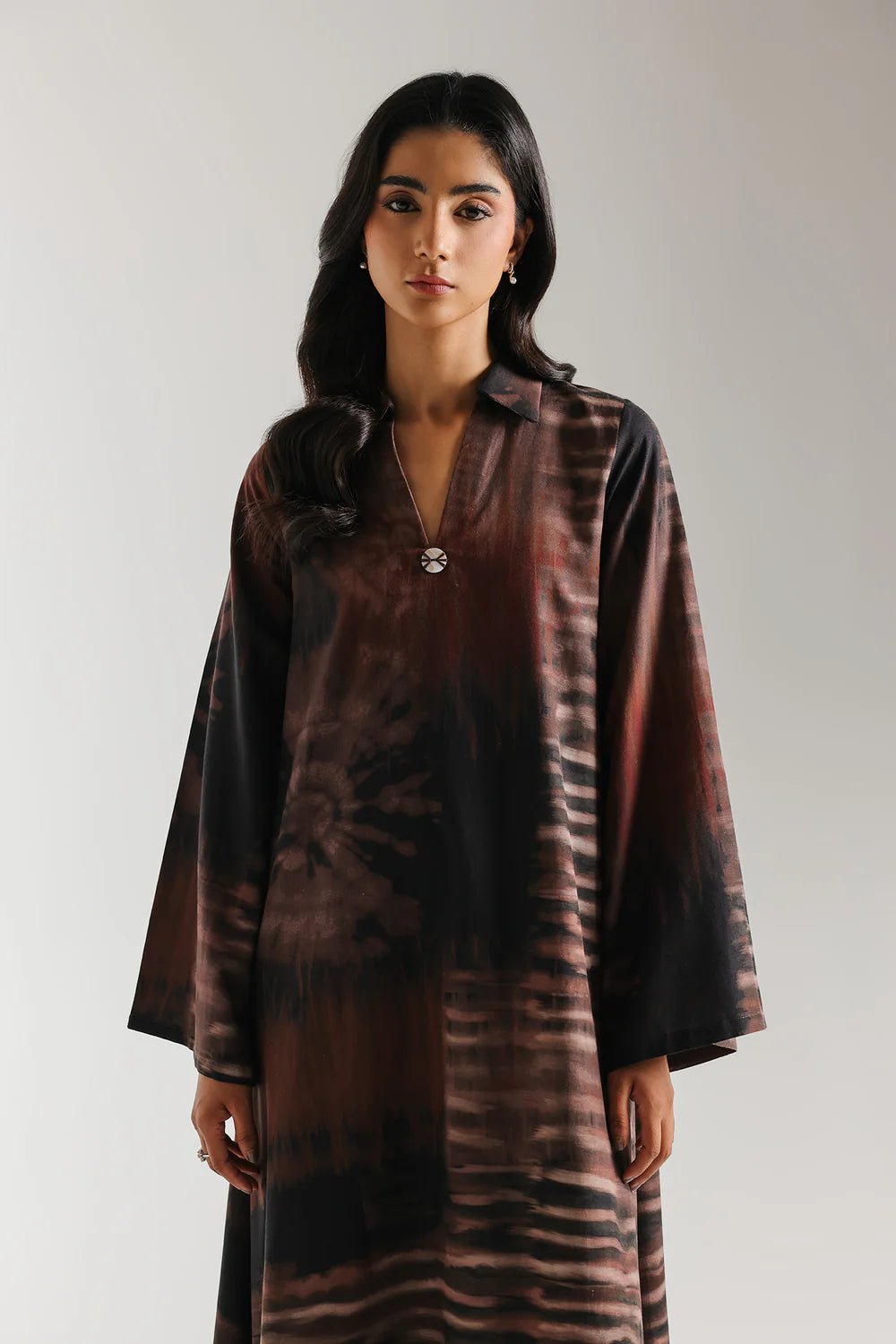 ETHNC-DARK GREY |SHIRT - A-LINE FIT - V-NECK WITH COLLAR - LONG SLEEVES - LONG LENGTH