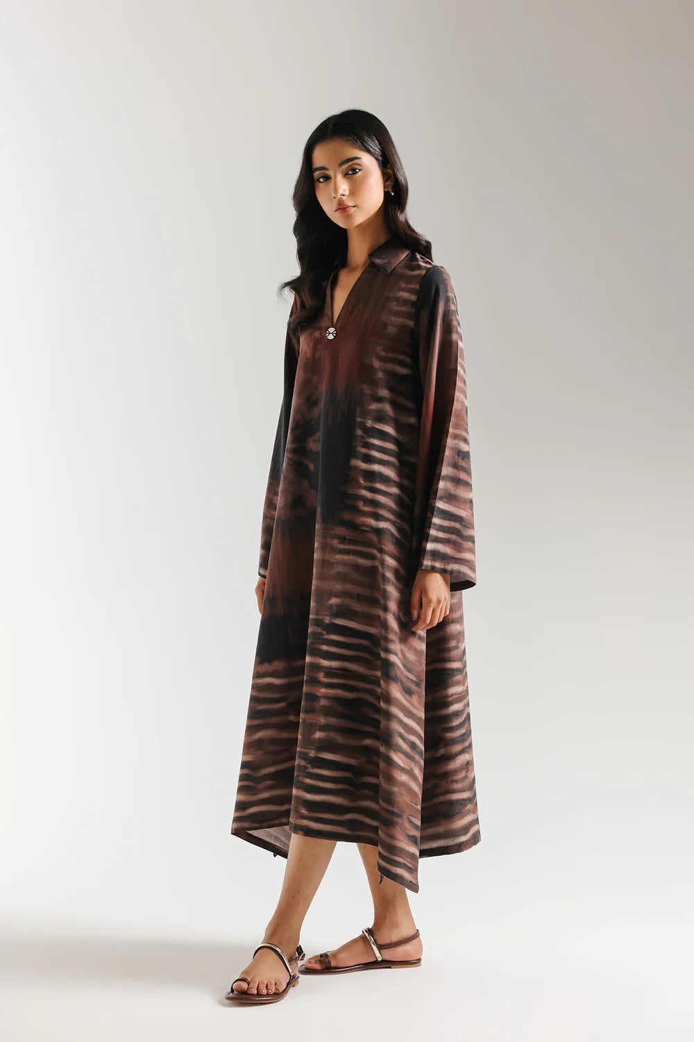 ETHNC-DARK GREY |SHIRT - A-LINE FIT - V-NECK WITH COLLAR - LONG SLEEVES - LONG LENGTH
