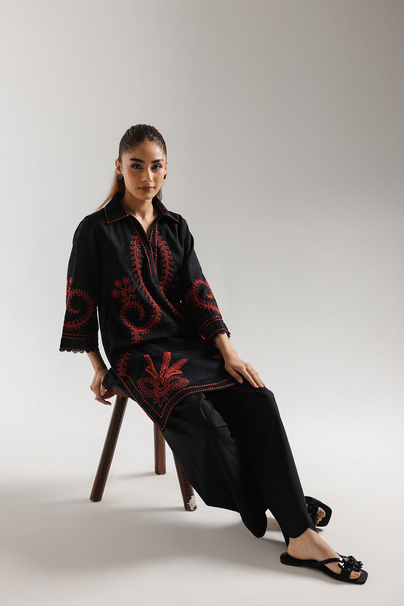 ETHNC-EMBROIDERED SHIRT-SHIRT - RELAXED FIT - COLLAR NECK WITH V-SLIT - FLARED SLEEVES - KNEE LENGTH-BLACK