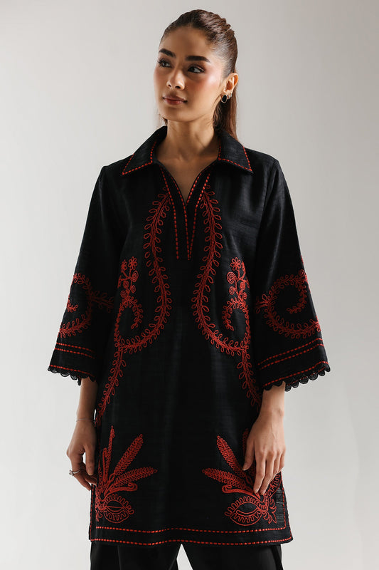 ETHNC-EMBROIDERED SHIRT-SHIRT - RELAXED FIT - COLLAR NECK WITH V-SLIT - FLARED SLEEVES - KNEE LENGTH-BLACK