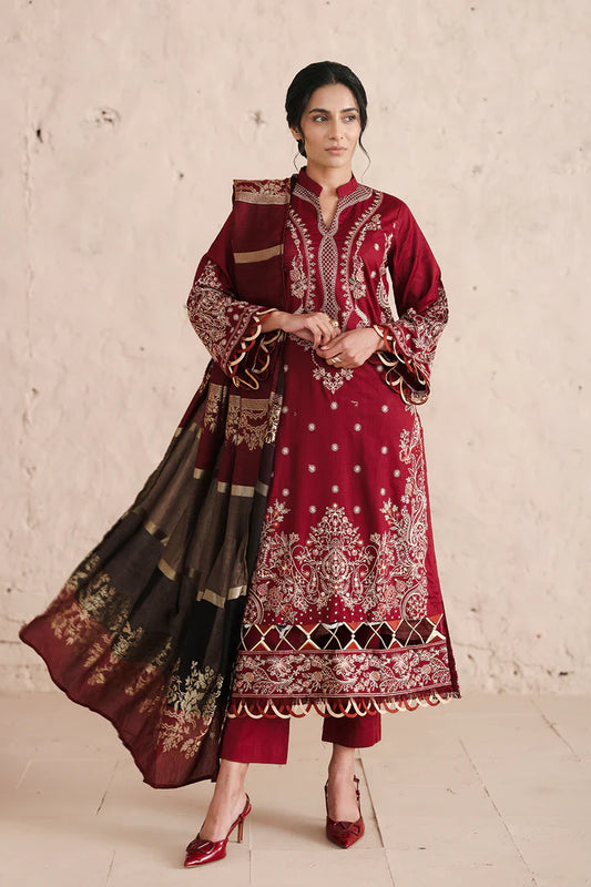 JOHRA- Majestic Embroidered Lawn With Banarsi Jecquard Lawn Dupatta -JS-74-MJT (UNSTITCHED 3 pcs)- MAROON