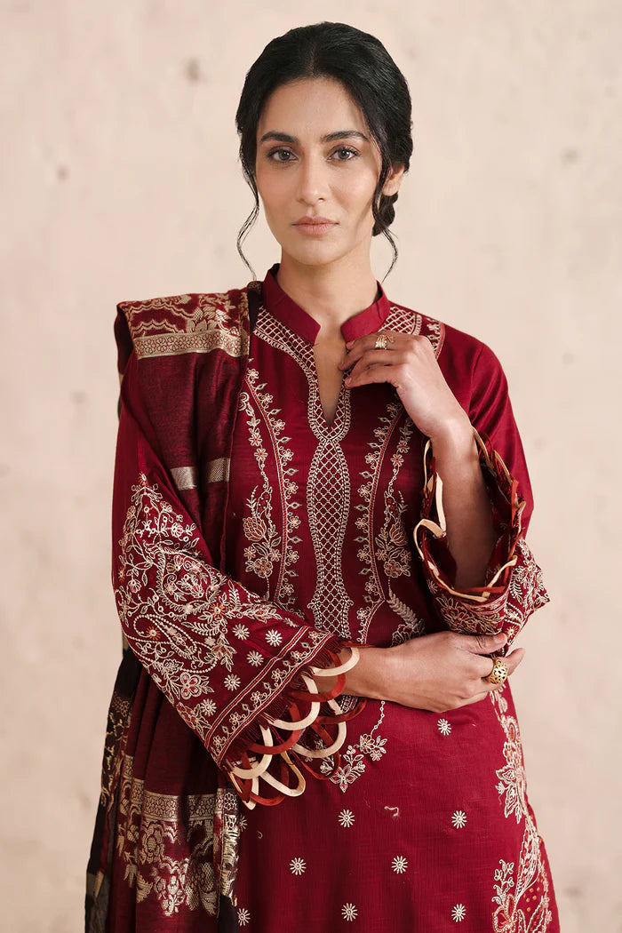 JOHRA- Majestic Embroidered Lawn With Banarsi Jecquard Lawn Dupatta -JS-74-MJT (UNSTITCHED 3 pcs)- MAROON