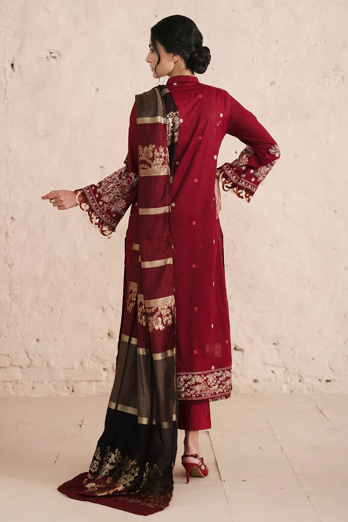 JOHRA- Majestic Embroidered Lawn With Banarsi Jecquard Lawn Dupatta -JS-74-MJT (UNSTITCHED 3 pcs)- MAROON