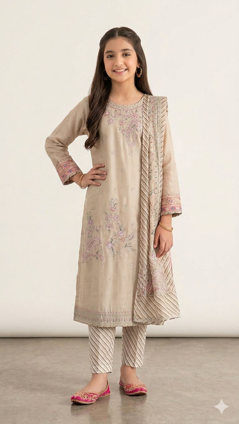 ETHNC Kids Embroidered 2 pcs Stitched Suit -Light Gold