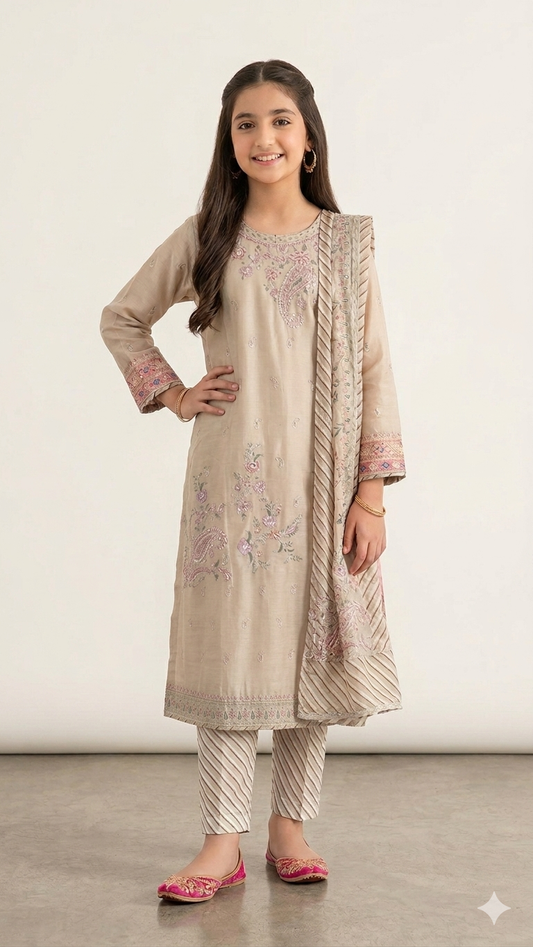 ETHNC Kids Embroidered 2 pcs Stitched Suit -Light Gold