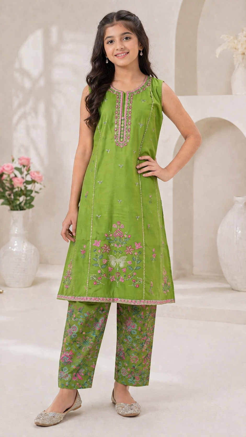 ETHNC Kids Embroidered 2 pcs Stitched Suit - Green
