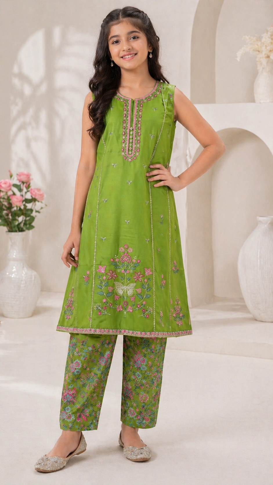 ETHNC Kids Embroidered 2 pcs Stitched Suit - Green