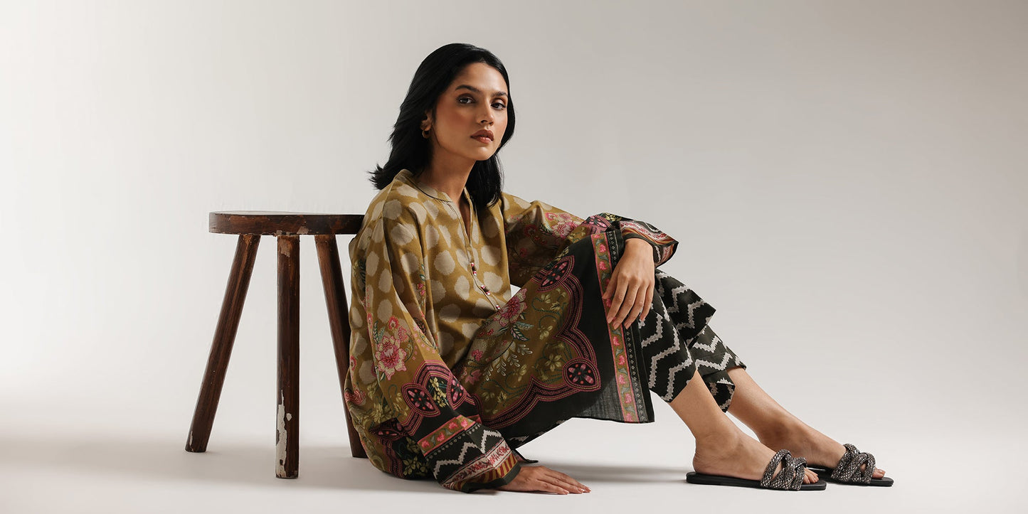 ETHNC Dark Olive Printed 2-Piece Suit | Ban Neck Kurti & Culotte Trouser