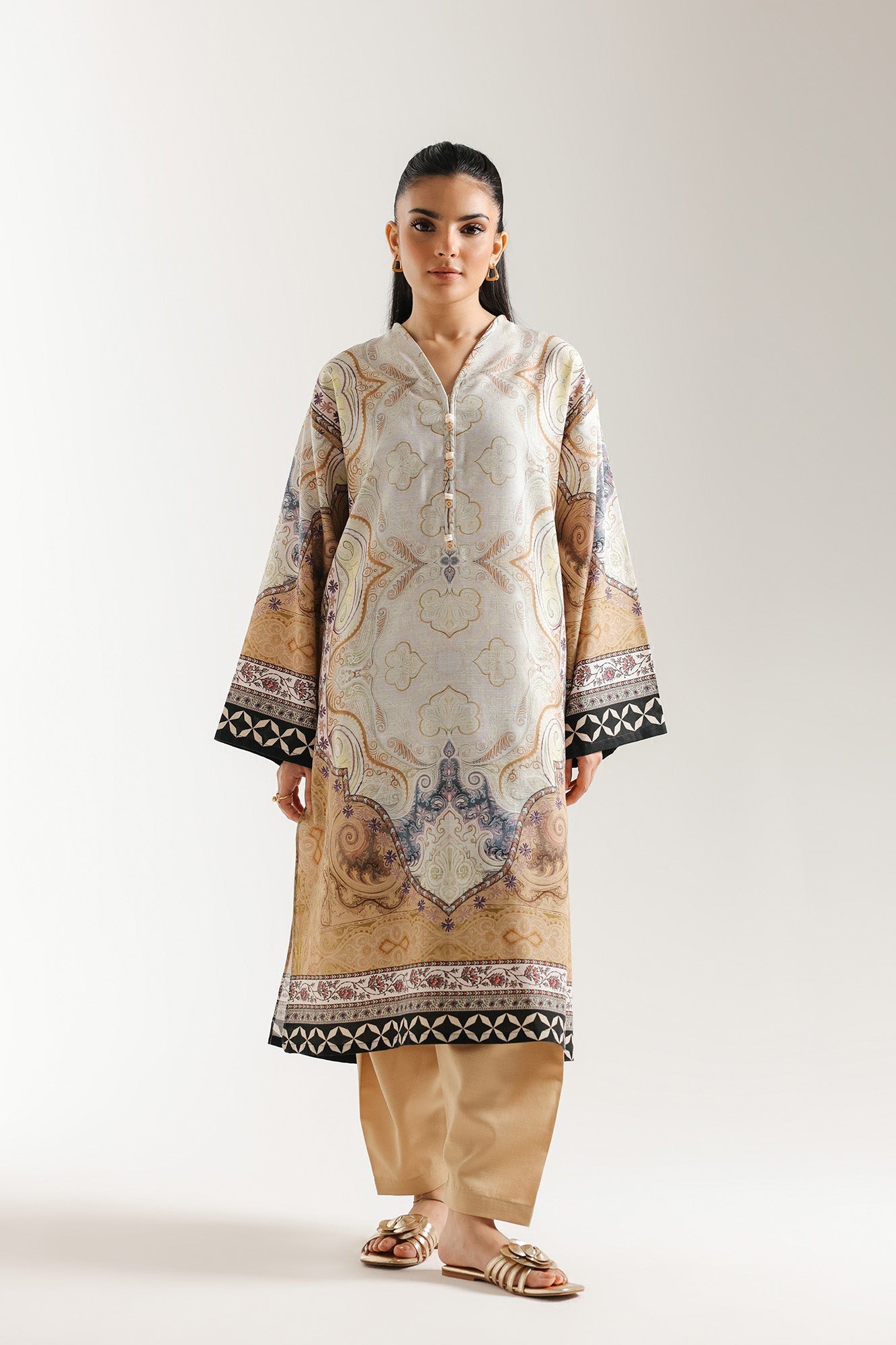 ETHNC -Printed 2-Piece Suit | SHIRT - LOOSE FIT - V NECK-SHALWAR - LOOSE FIT(LIME)