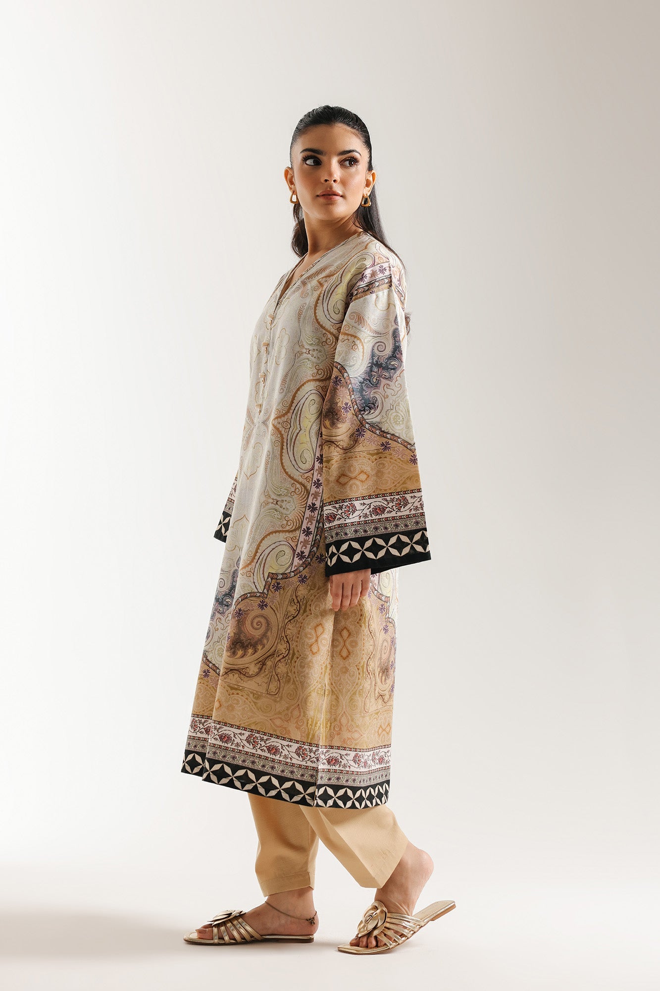 ETHNC -Printed 2-Piece Suit | SHIRT - LOOSE FIT - V NECK-SHALWAR - LOOSE FIT(LIME)