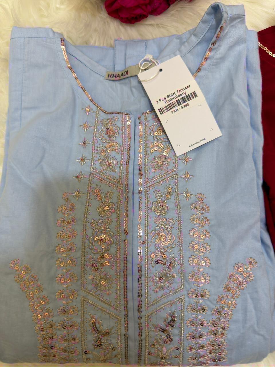Khaadi Embroidered | Cambric Tailored 2 Piece | Top and Bottom- SKY BLUE