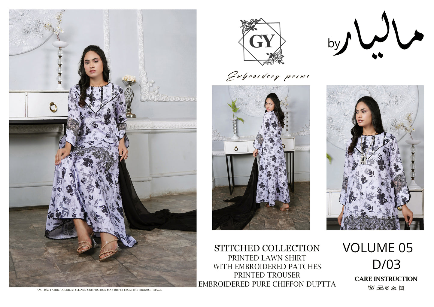 Un-stitched 3-piece embroidered lawn Collection Maliyar By Gulzar Yousaf Volume 05-code D/03(light lilac)