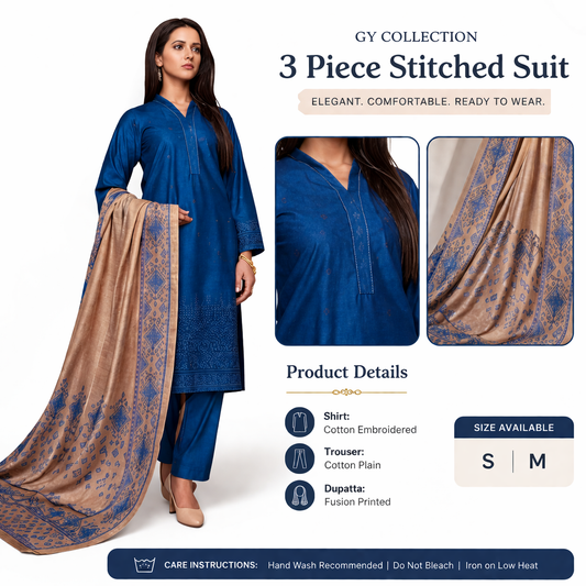 Elegant Pakistani Gulzar Yousaf (GL) Stitched 3 PCs - (Midnight Blue)