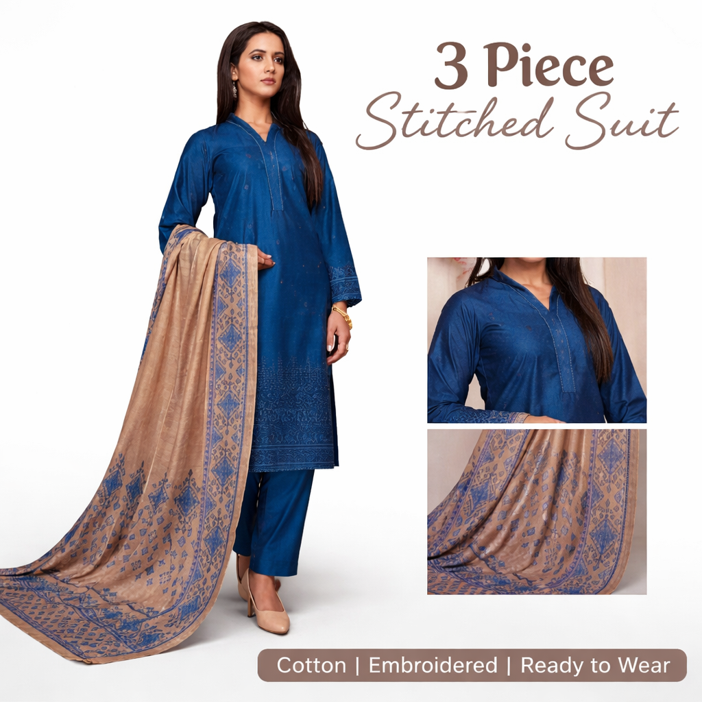 Elegant Pakistani Gulzar Yousaf (GL) Stitched 3 PCs - (Midnight Blue)