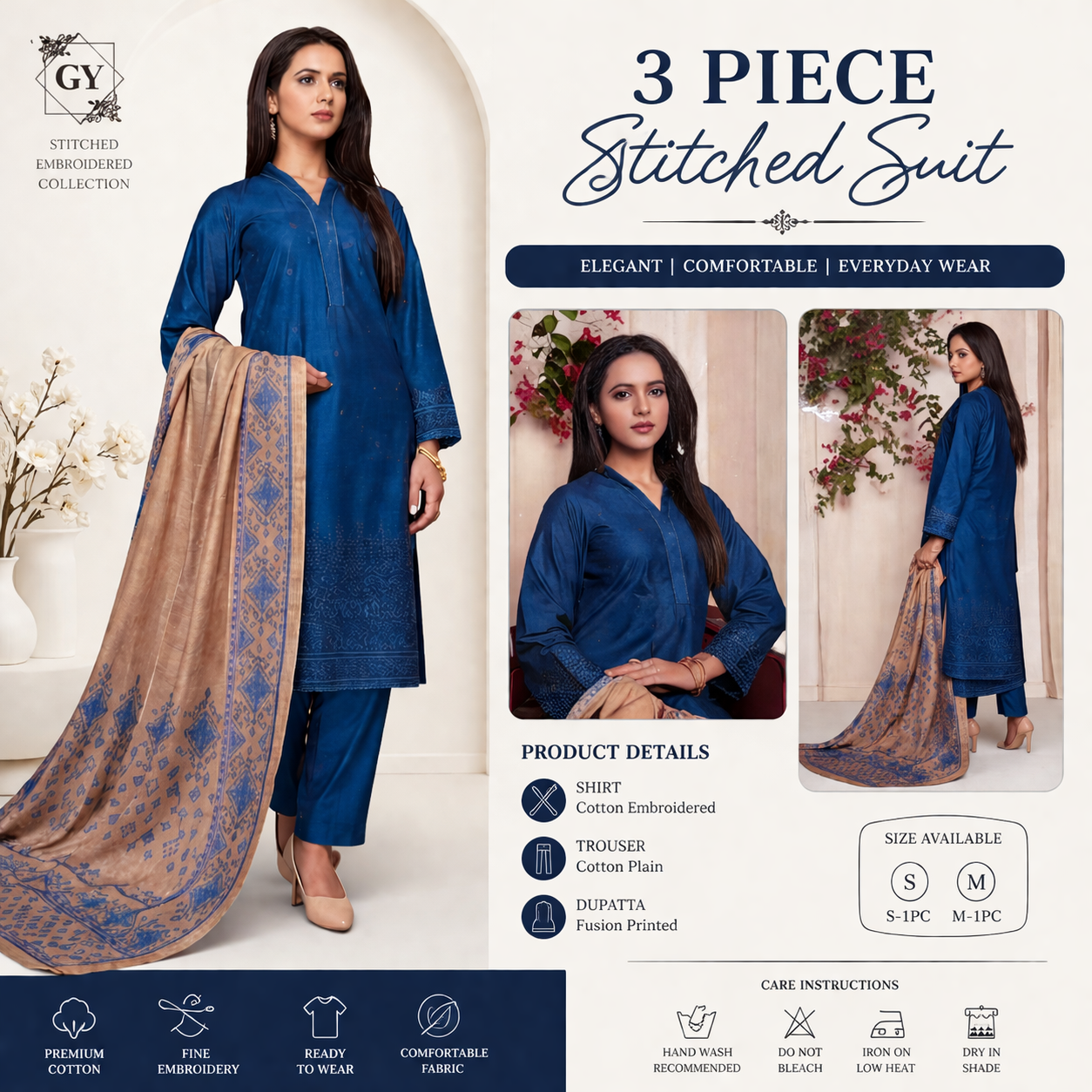 Elegant Pakistani Gulzar Yousaf (GL) Stitched 3 PCs - (Midnight Blue)