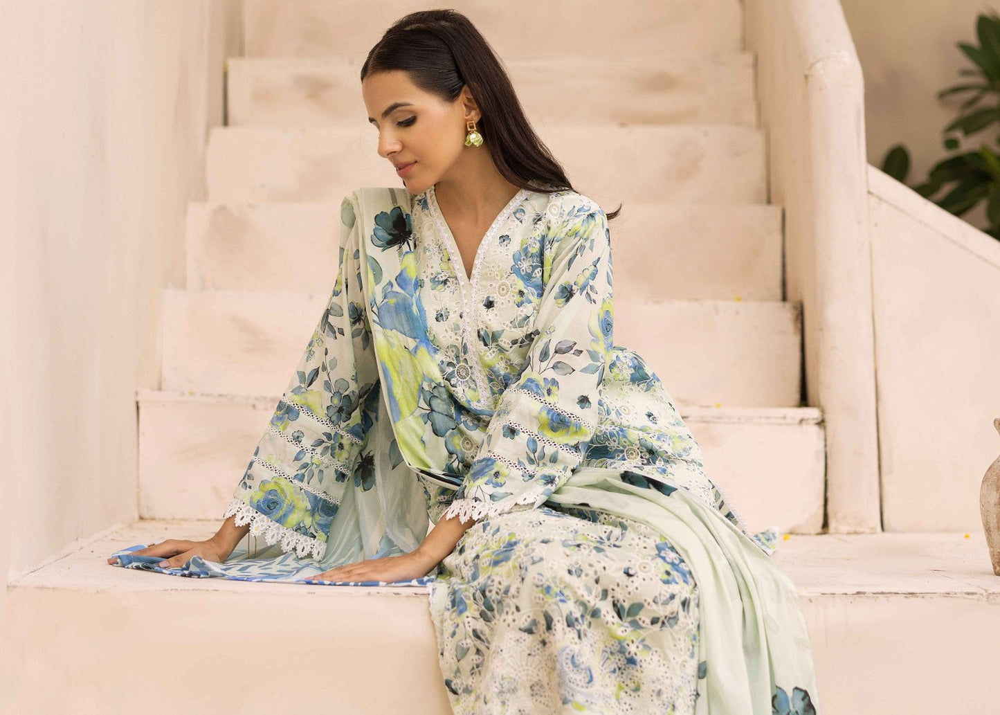 Nur Embroidered and Printed Lawn Collection | MP- 45 (White Floral)