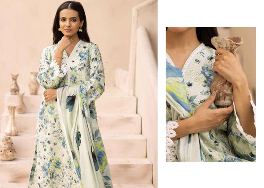 Nur Embroidered and Printed Lawn Collection | MP- 45 (White Floral)