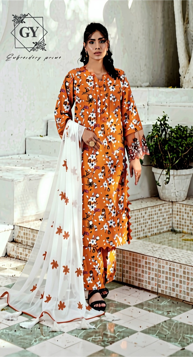 Un-stitched 3-piece embroidered lawn By Gulzar Yousaf Volume 06-code D/09 (Orange Floral)