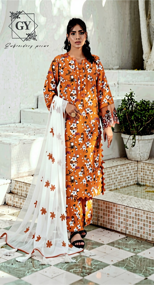 Un-stitched 3-piece embroidered lawn By Gulzar Yousaf Volume 06-code D/09 (Orange Floral)