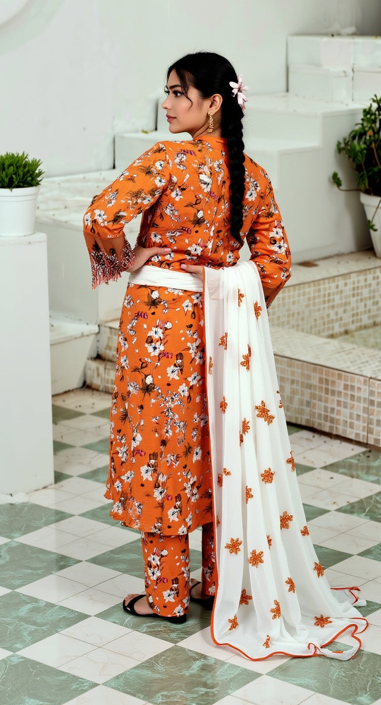 Un-stitched 3-piece embroidered lawn By Gulzar Yousaf Volume 06-code D/09 (Orange Floral)