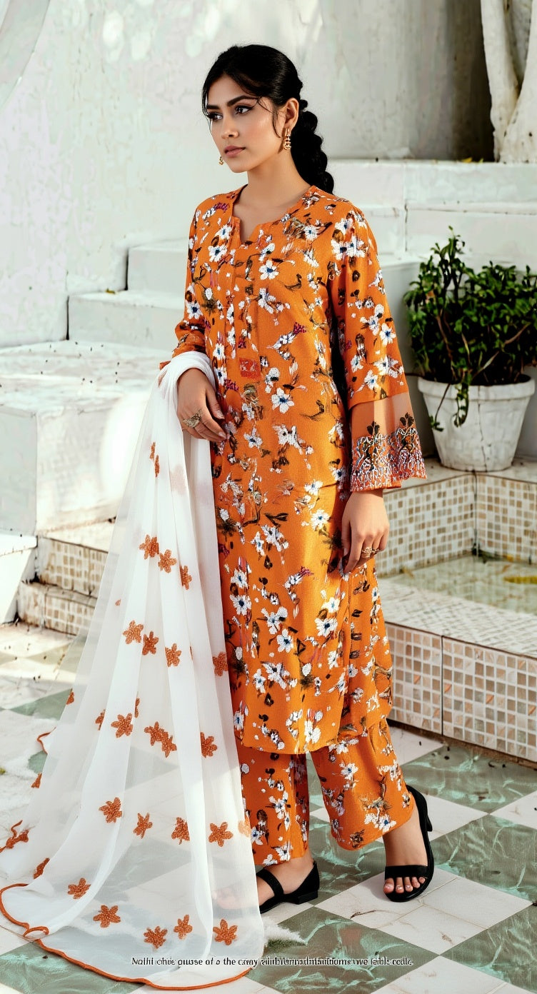 Un-stitched 3-piece embroidered lawn By Gulzar Yousaf Volume 06-code D/09 (Orange Floral)
