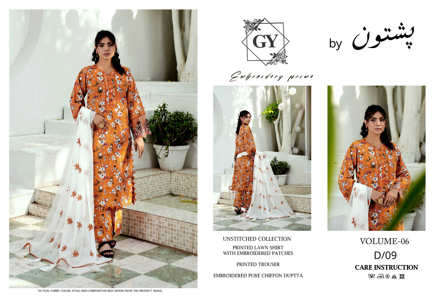 Un-stitched 3-piece embroidered lawn By Gulzar Yousaf Volume 06-code D/09 (Orange Floral)