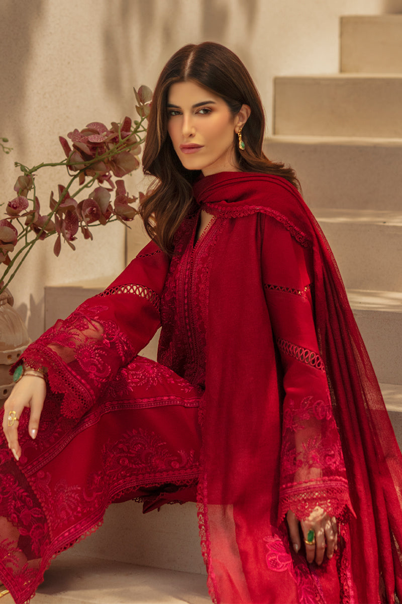 Rang Rasiya Premium Embroidered Lawn Unstitched 3Pc Suit - NEHAL(Ruby Crimson)