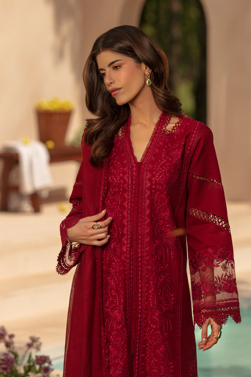 Rang Rasiya Premium Embroidered Lawn Unstitched 3Pc Suit - NEHAL(Ruby Crimson)
