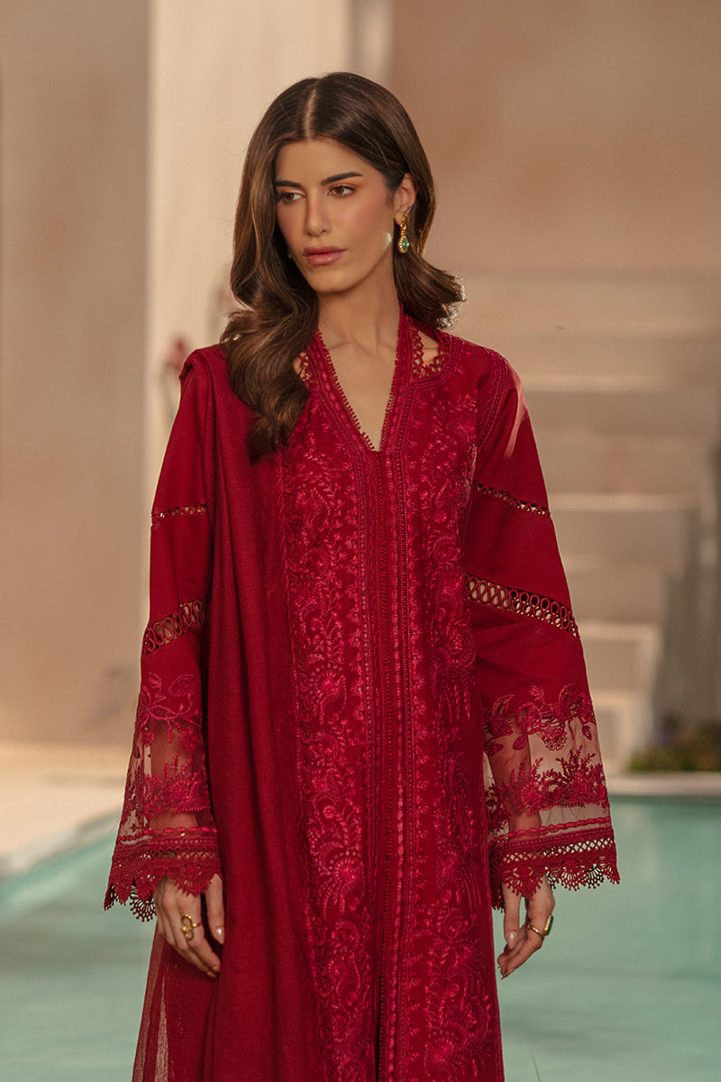 Rang Rasiya Premium Embroidered Lawn Unstitched 3Pc Suit - NEHAL(Ruby Crimson)