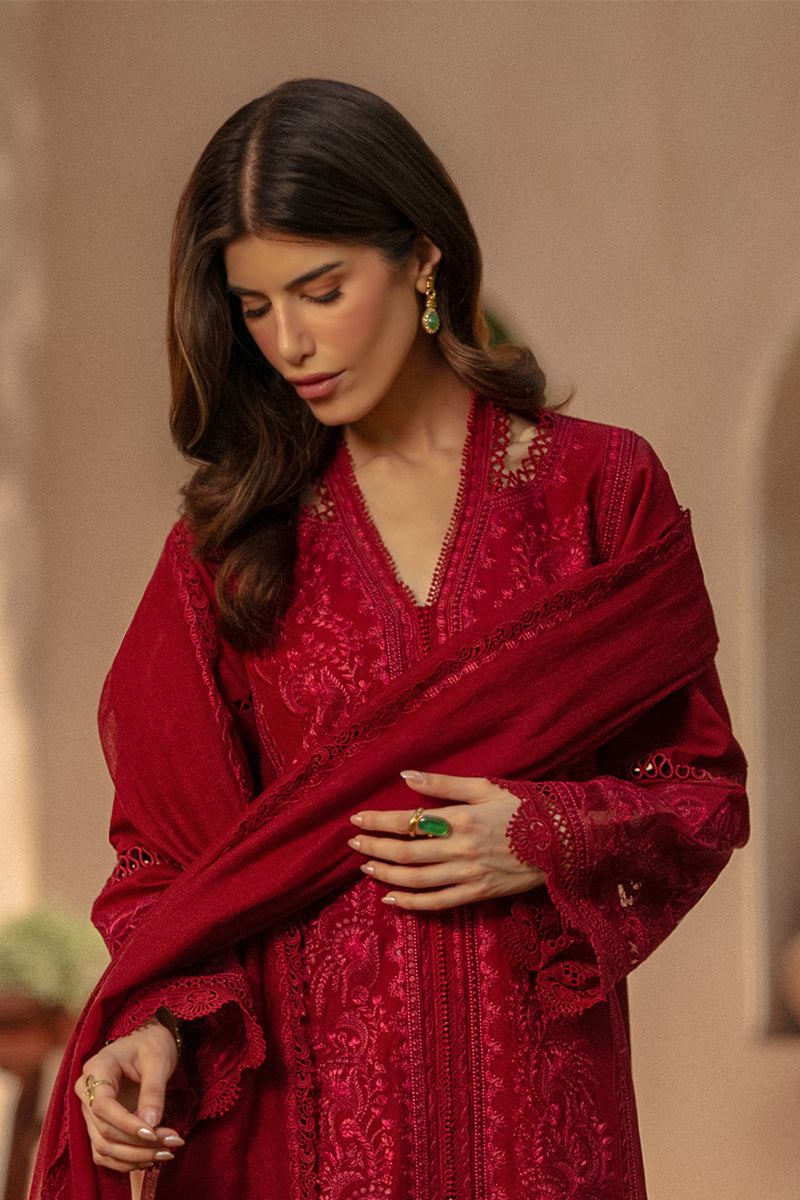Rang Rasiya Premium Embroidered Lawn Unstitched 3Pc Suit - NEHAL(Ruby Crimson)