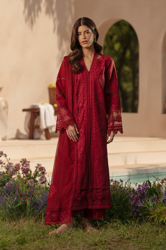 Rang Rasiya Premium Embroidered Lawn Unstitched 3Pc Suit - NEHAL(Ruby Crimson)