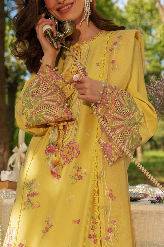 Rang Rasiya Premium Embroidered Lawn Unstitched 3Pc Suit - MYSHA(Butter Yellow)