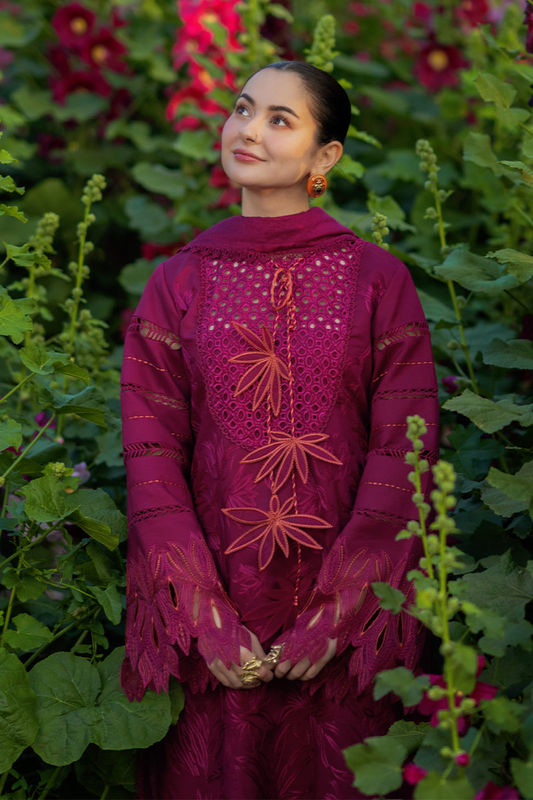 Rang Rasiya Premium Embroidered Lawn Unstitched 3Pc Suit - AYRA(Maroon)