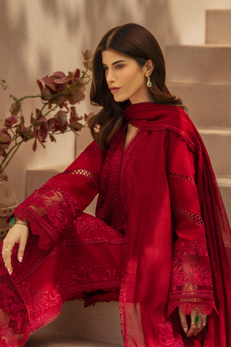 Rang Rasiya Premium Embroidered Lawn Unstitched 3Pc Suit - NEHAL(Ruby Crimson)