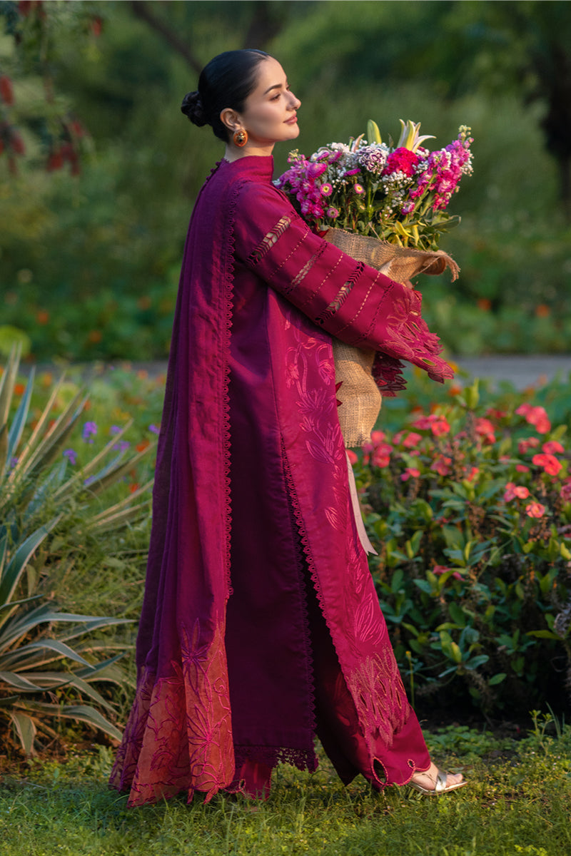 Rang Rasiya Premium Embroidered Lawn Unstitched 3Pc Suit - MAYA(Berry Wine)