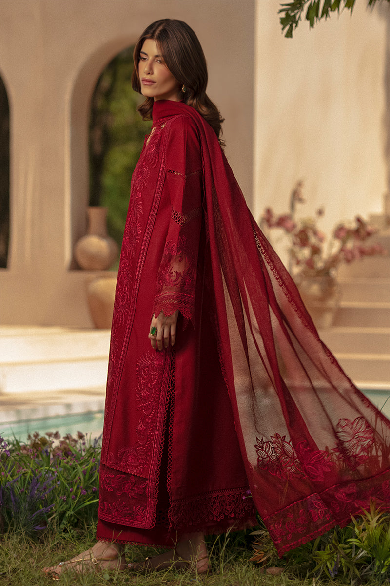 Rang Rasiya Premium Embroidered Lawn Unstitched 3Pc Suit - NEHAL(Ruby Crimson)