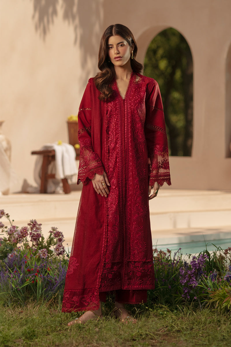 Rang Rasiya Premium Embroidered Lawn Unstitched 3Pc Suit - NEHAL(Ruby Crimson)