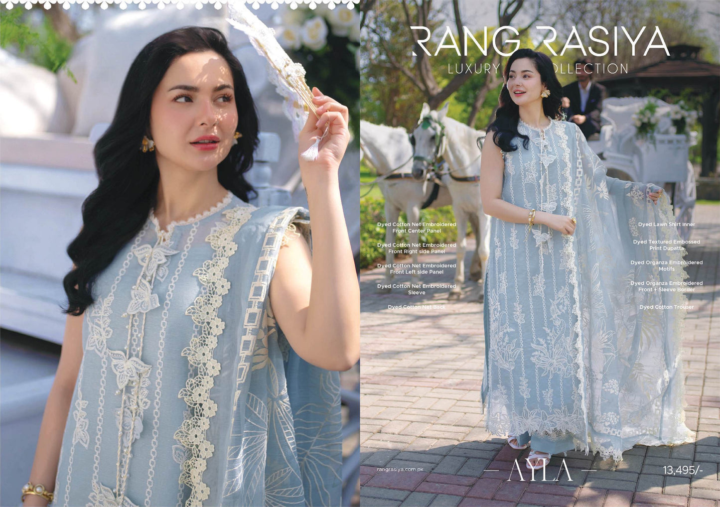 Rang Rasiya Premium Embroidered Lawn Unstitched 3Pc Suit - AYLA(SKY BLUE)