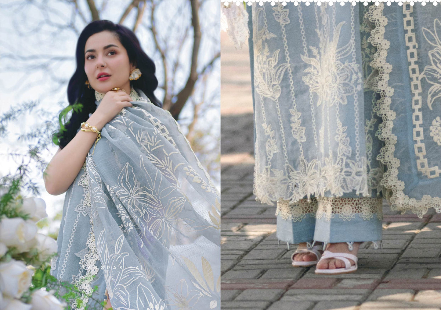 Rang Rasiya Premium Embroidered Lawn Unstitched 3Pc Suit - AYLA(SKY BLUE)