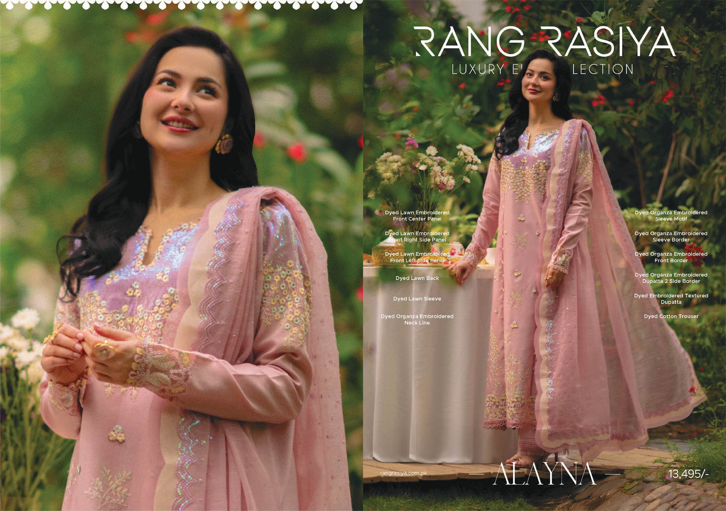 Rang Rasiya Premium Embroidered Lawn Unstitched 3Pc Suit - ALAYNA(PINK)