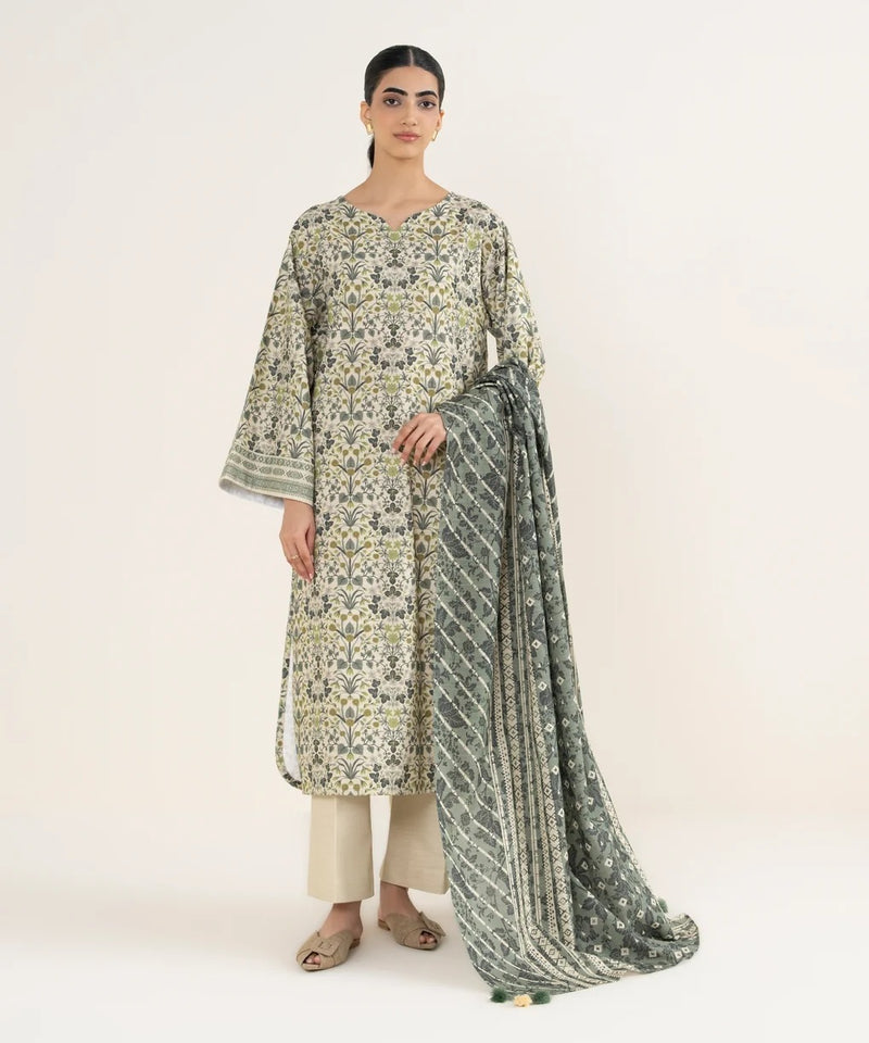 Sapphire | 3 Piece - Printed Khaddar Suit | SKU: 0U3PDD25V98C | Off White & Grey